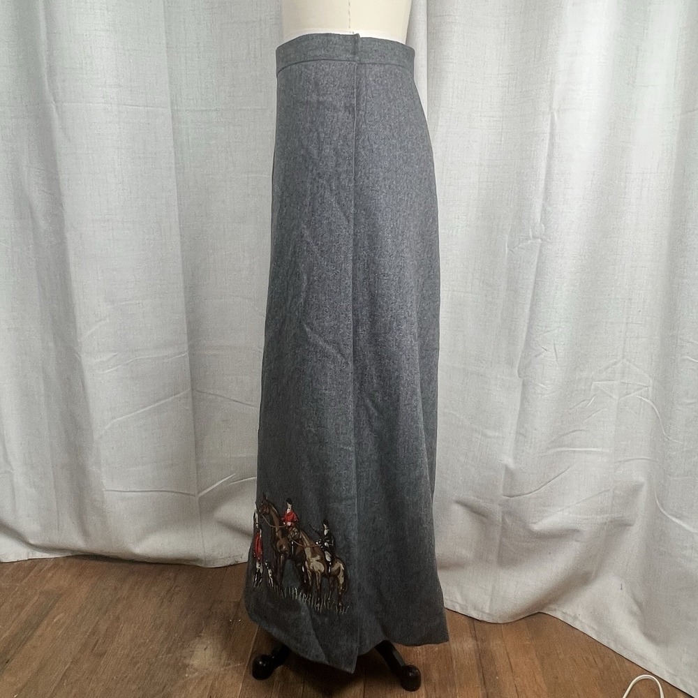 Vintage 70's Bettmaar Artwear Equestrian Fox Hunt Wool Wrap Maxi Skirt Grey 12 - Picture 7 of 13